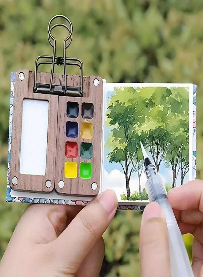 DIANZHU Pocket Artist Watercolor Travel Set, Wooden Paint Palette Travel Kit, Mini Portable Watercolor Palette with Clip for Artists Painters Students (12 Colors 8 Grid Set 3 Brush Pen) - Image 3